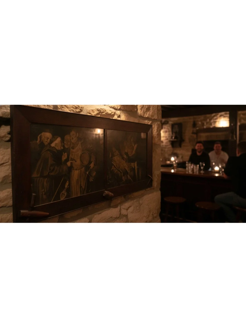 Vintage Dual-Panel Framed Merry Monks Artwork with Barrel and Corkscrew Accents